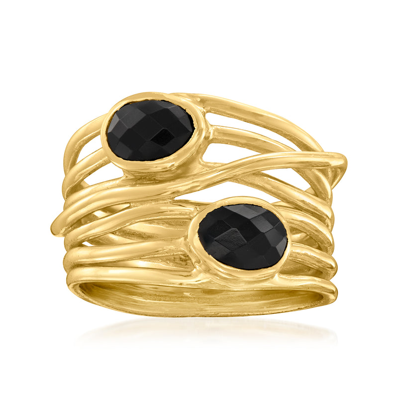 Gold over sterling ring with two oval black onyx stones and overlapping crisscross bands