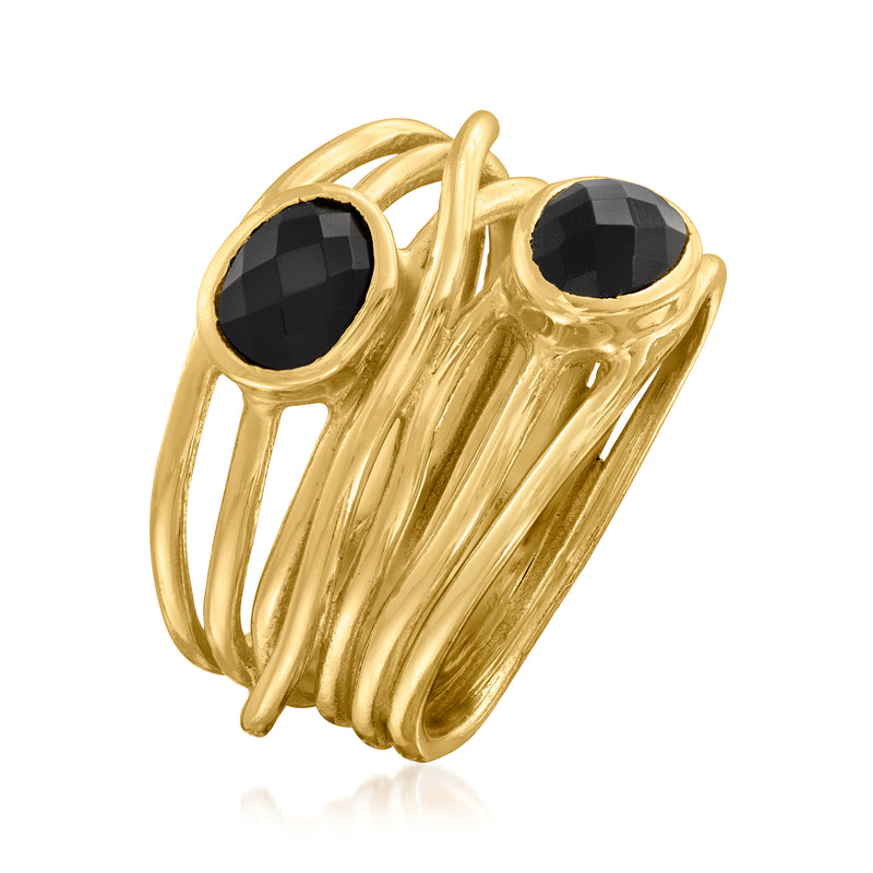 Gold over sterling statement ring with two oval black onyx stones on textured wrap band