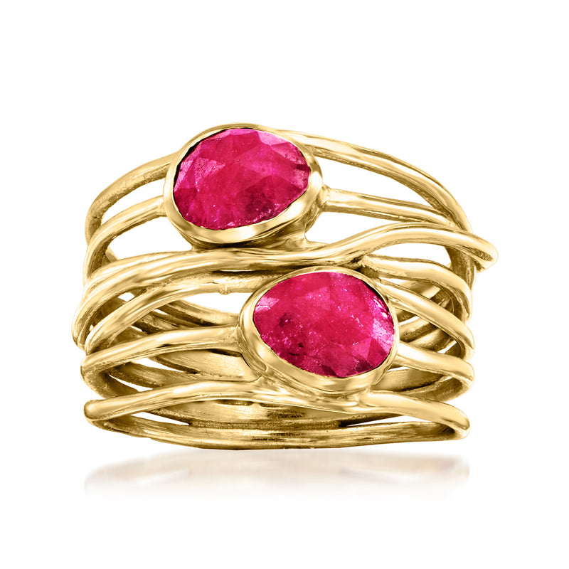 Gold over sterling ruby highway ring with two oval pink-red gemstones on twisted band