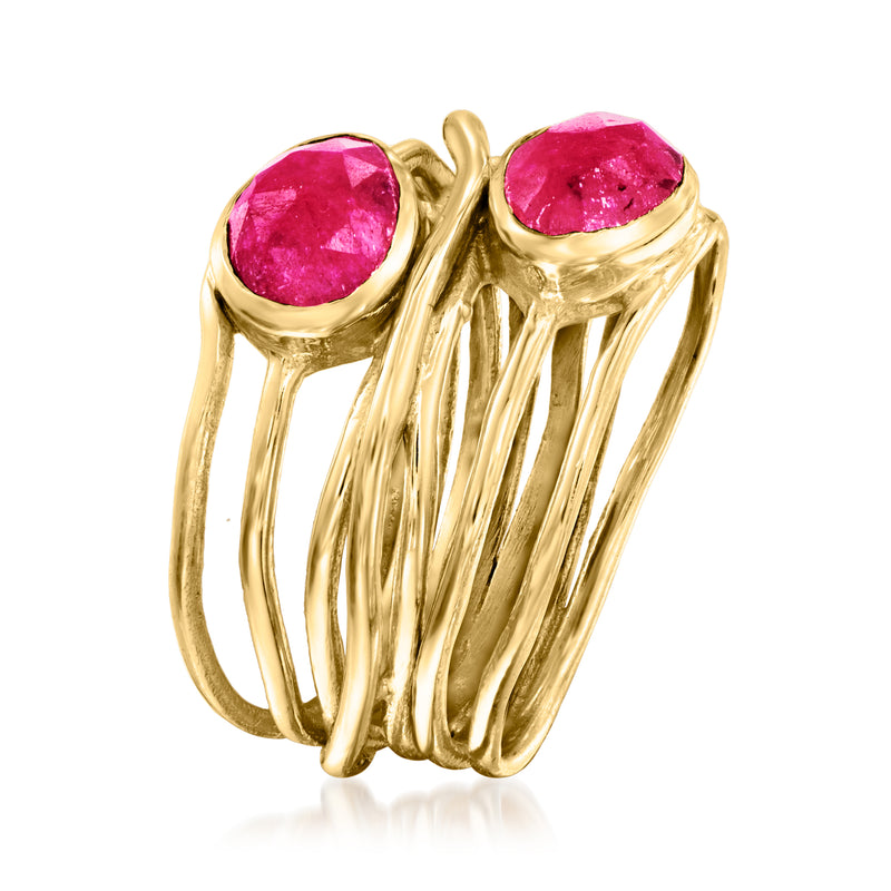 Gold ring with two round pink-red ruby stones and multi-loop prong band