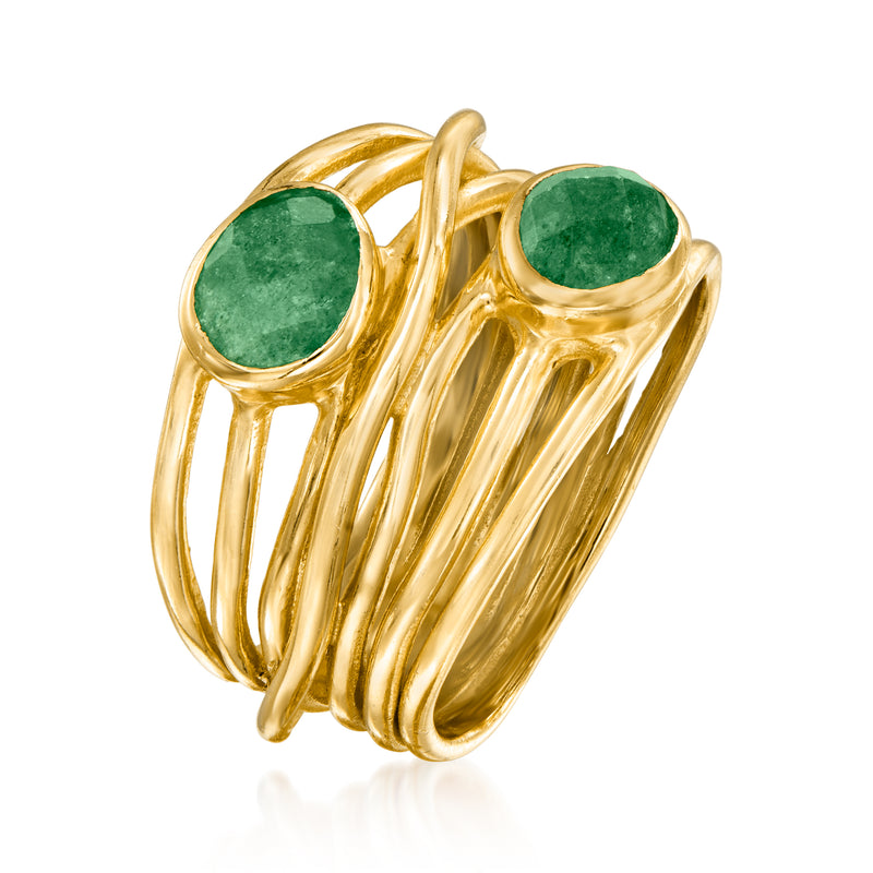 Gold stack ring with curved bands and two oval green gemstones