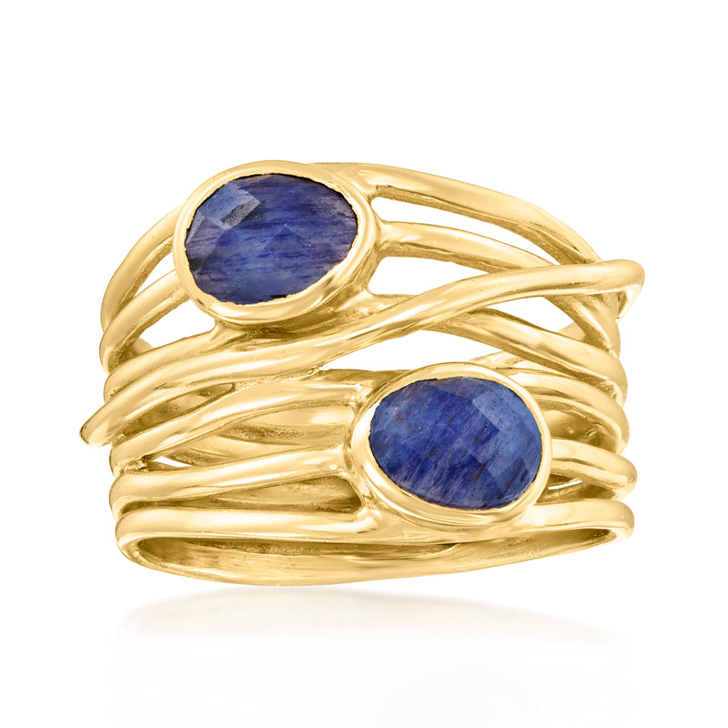 Gold over sterling highway ring with two oval blue sapphires and crisscross bands