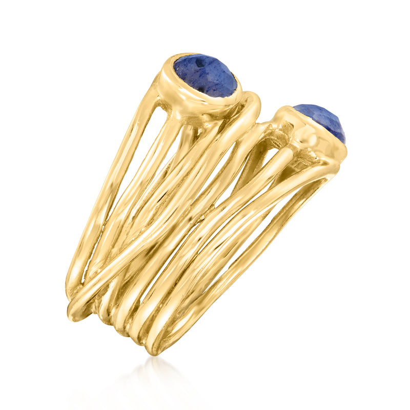 Gold over sterling wraparound ring with a single oval blue sapphire cabochon