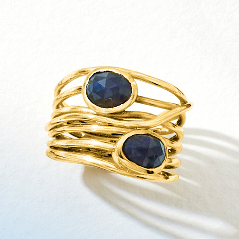 Gold over sterling ring with oval blue sapphires, stacked crisscross band design