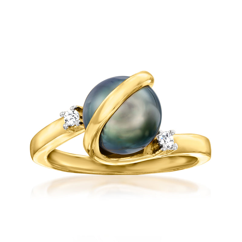 18kt gold over sterling ring with dark oval pearl and small diamond accents
