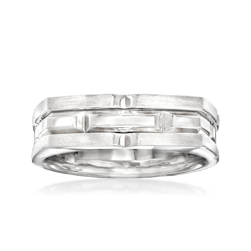 Men's sterling silver faceted ring with geometric band and polished finish