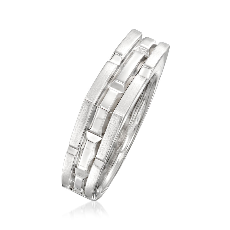 Men's sterling silver faceted ring with stacked geometric panels on the band