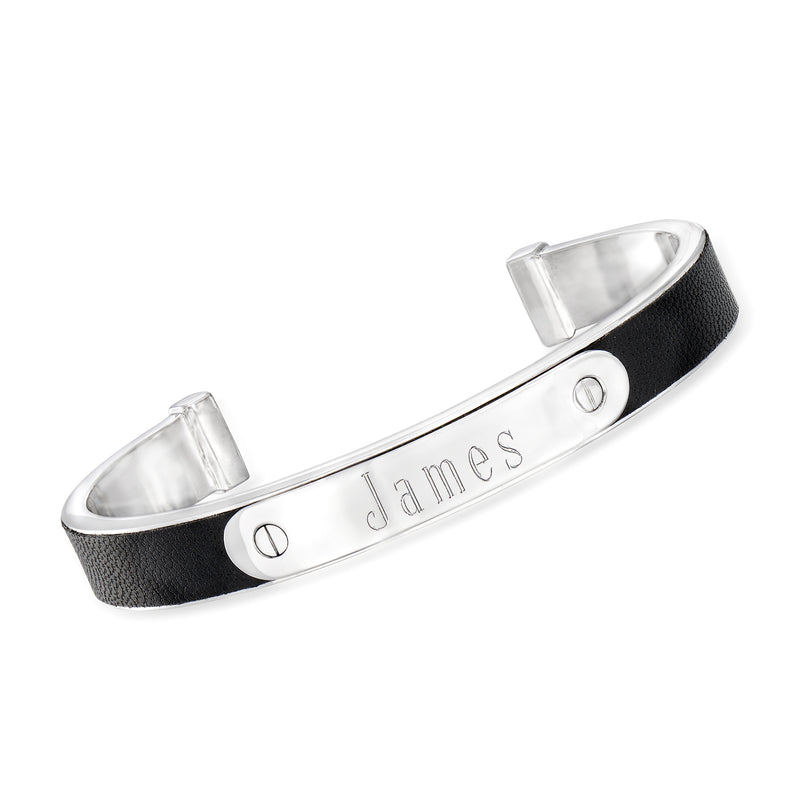 Personalized sterling silver cuff bracelet with black leather and engraved 