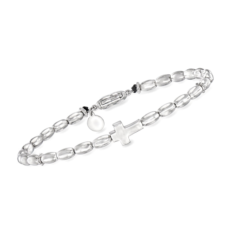 Men's sterling silver bead cross bracelet with clear oval beads and cross charm