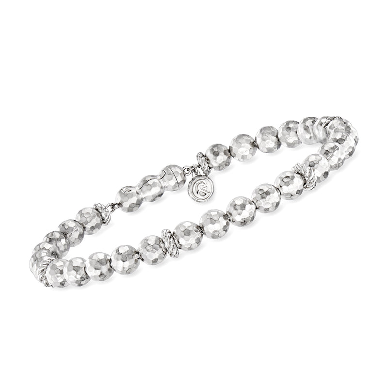 Men's sterling silver faceted bead bracelet with round reflective beads and clasp detail