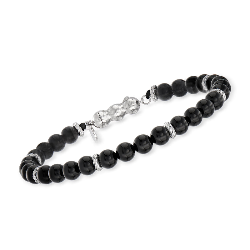 Black onyx bead bracelet with sterling silver clasp and faceted crystal accent