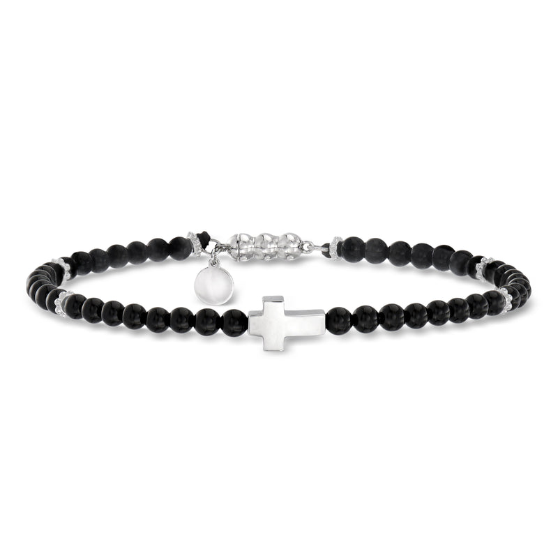 Gabriel & Co. Men's Sterling Silver Cross and Black Onyx Bead Bracelet. 8"