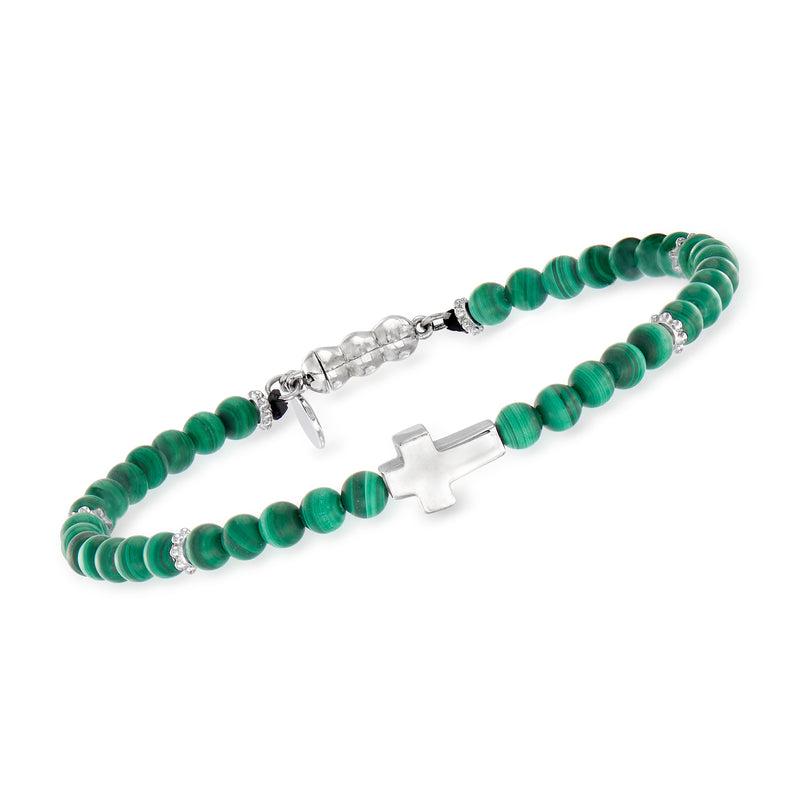 Men's sterling silver cross malachite bead bracelet with green round beads