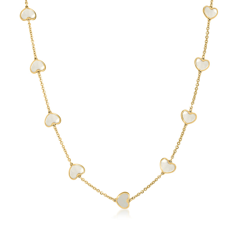 14kt yellow gold mother-of-pearl heart station necklace with five heart charms