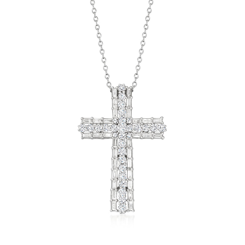 Sterling silver diamond cross pendant necklace with baguette and round stones