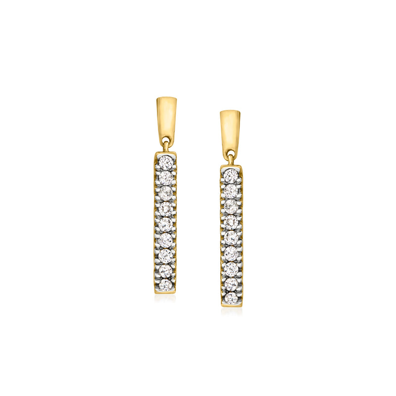 14kt yellow gold linear drop earrings with a vertical row of round diamonds