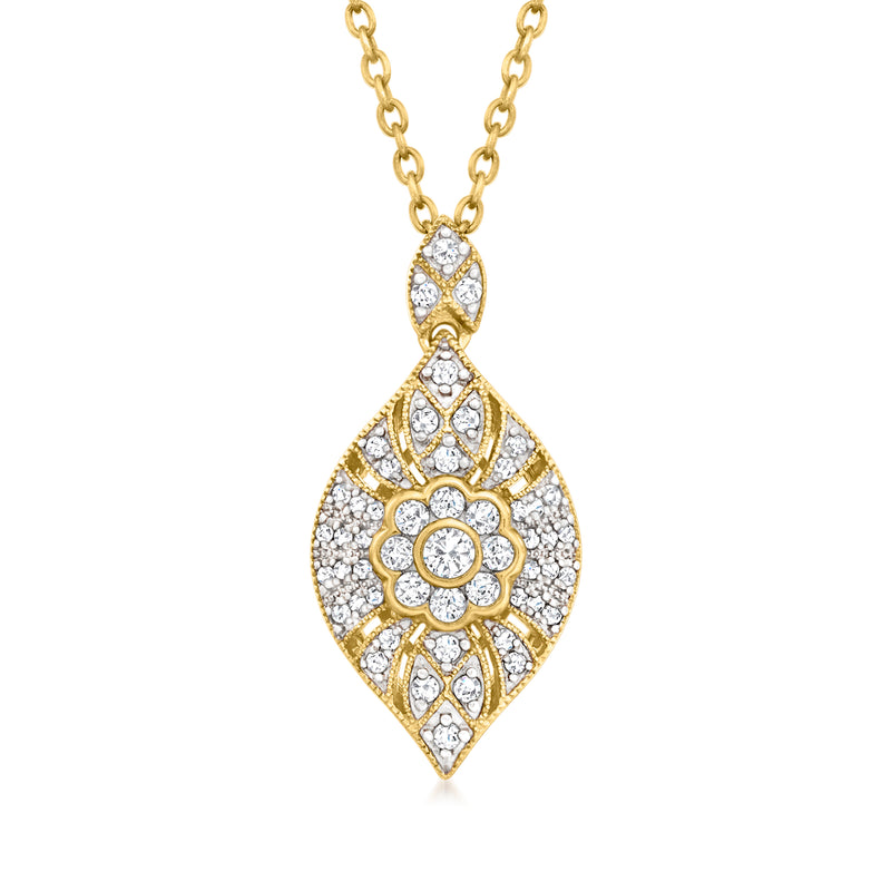 Gold over sterling art deco leaf pendant necklace with diamond accents, teardrop design