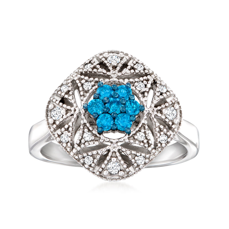 Sterling silver milgrain ring with blue oval cluster and clear diamond halo