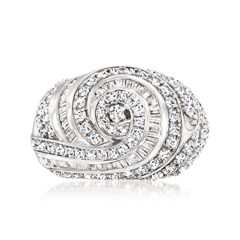 Sterling silver dome swirl ring with baguette and round diamonds in halo