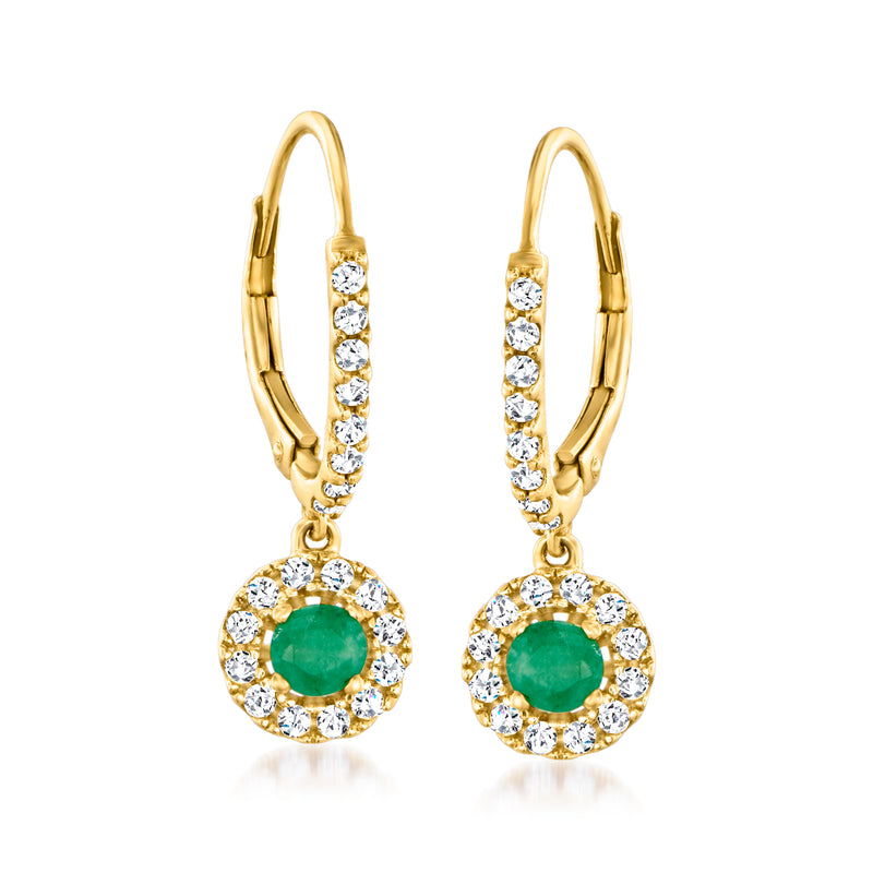 18kt gold over sterling zircon drop earrings with green round center and white halo, leverback