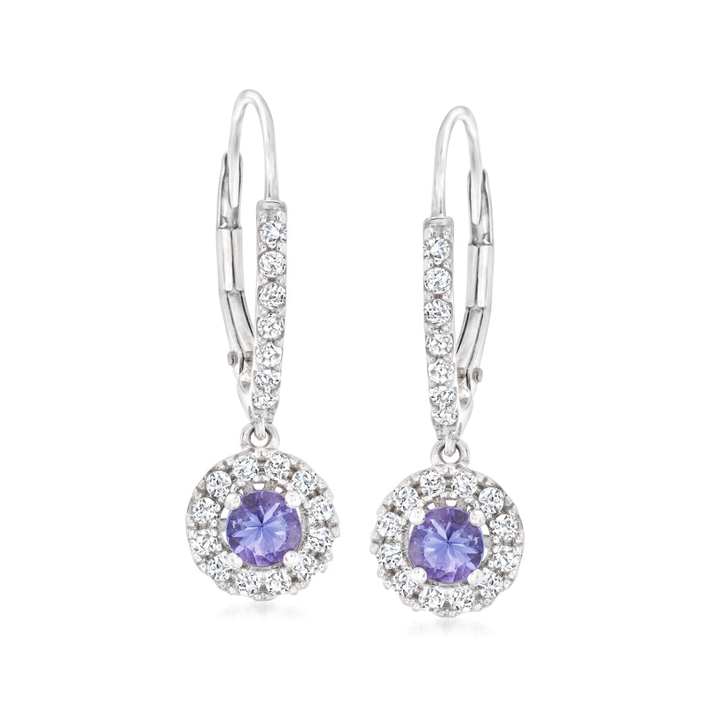 Sterling silver leverback drop earrings with purple tanzanite-style stones and white zircon halos