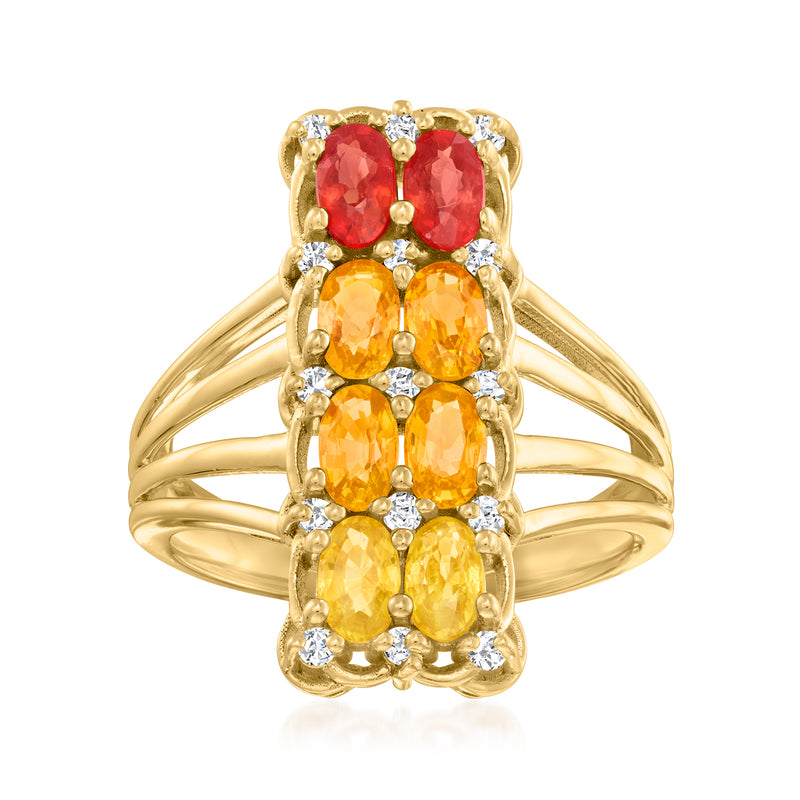Gold over sterling ring with oval red, yellow, and white zircon accents, prong-set cluster