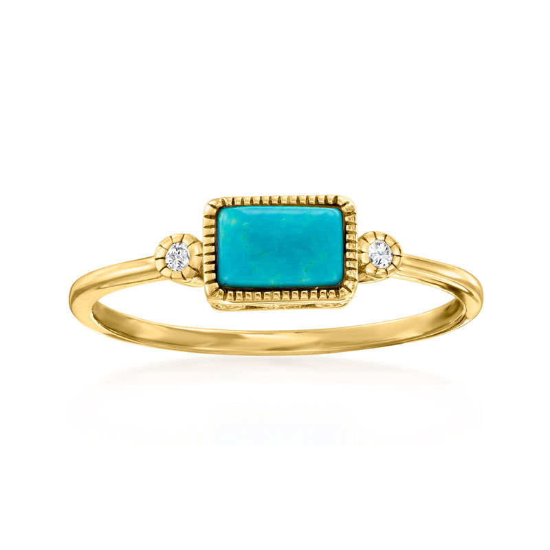 14kt yellow gold ring with turquoise square gemstone and small diamond side stones