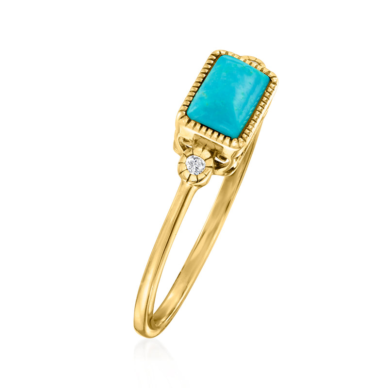 14kt yellow gold ring with raised turquoise square stone and diamond halo accents