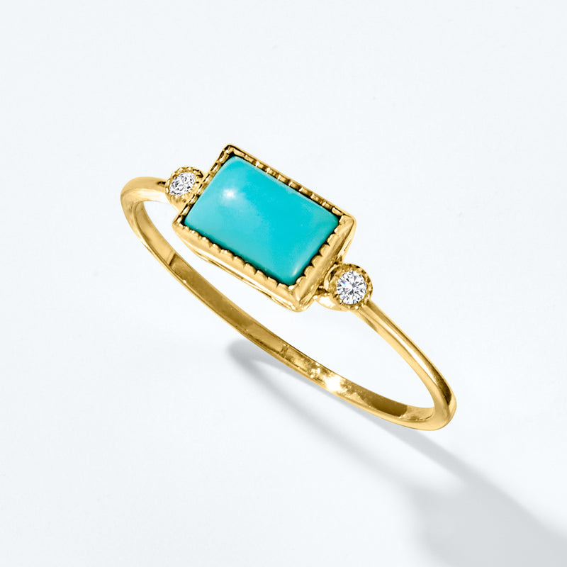 14kt yellow gold ring with turquoise square center stone and two round diamond accents