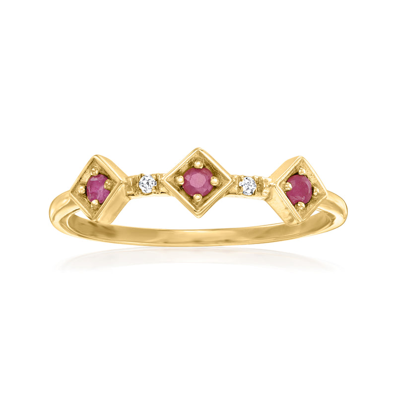 14kt yellow gold geometric ruby and diamond-accent ring with three square settings