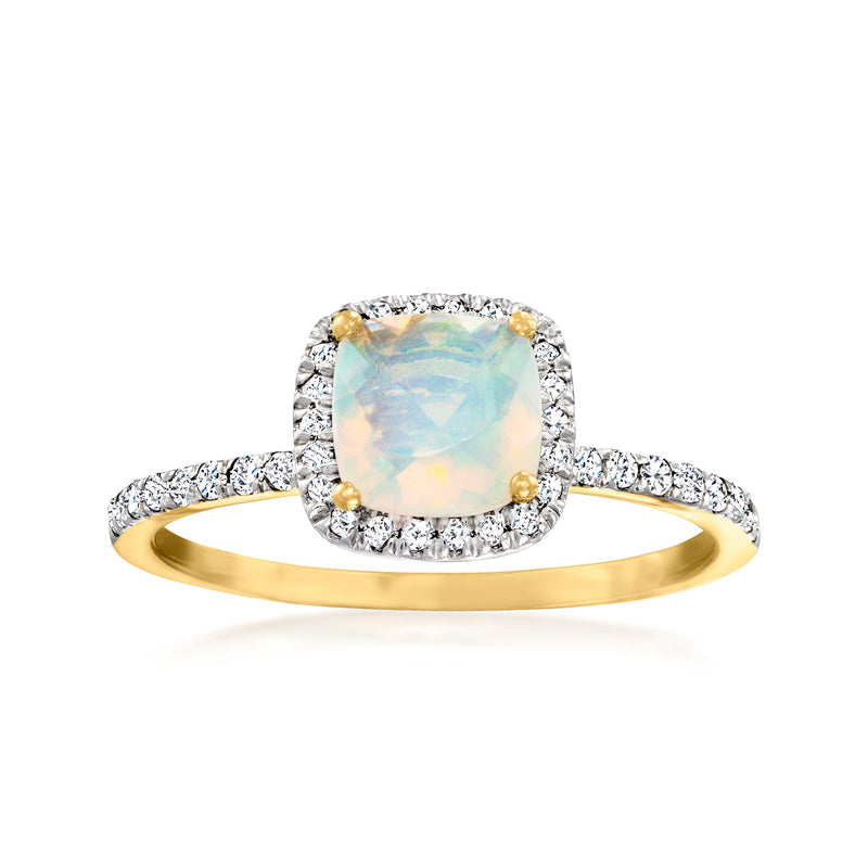 14kt yellow gold Ethiopian opal ring with diamond halo