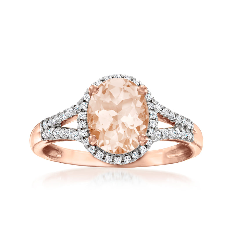14kt rose gold morganite halo ring with oval gemstone and diamond accents
