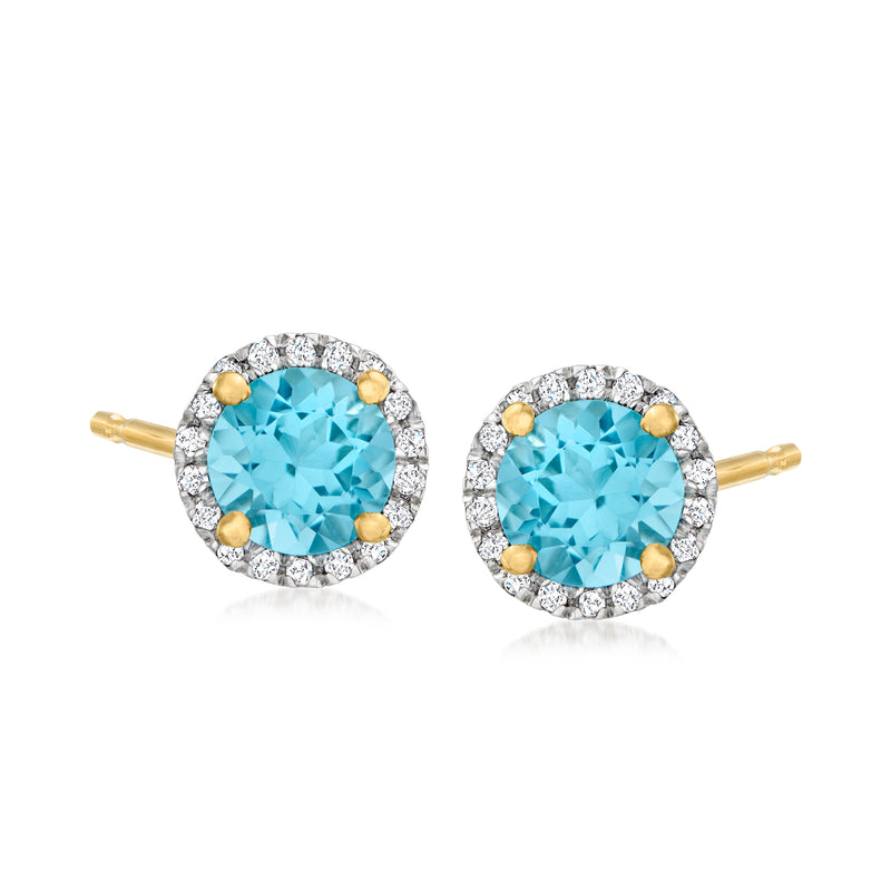 14kt yellow gold round blue topaz stud earrings with diamond halo and gold posts