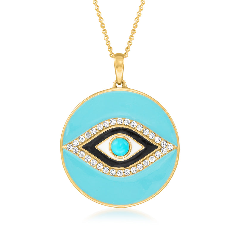 Gold-tone evil eye pendant necklace with round turquoise enamel and crystal bezel