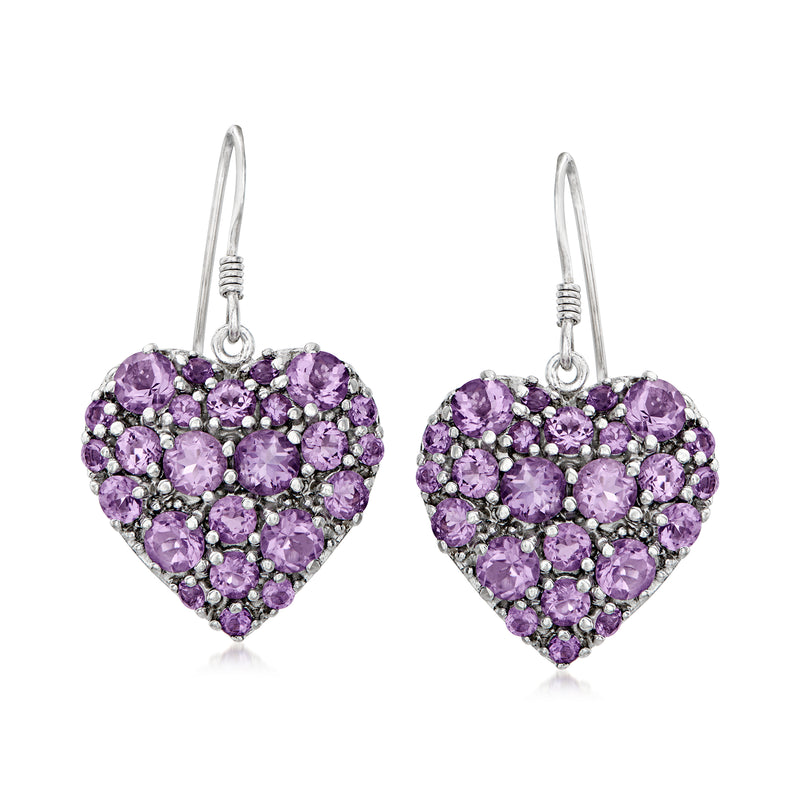 Sterling silver amethyst heart drop earrings with purple gemstone cluster and earwires