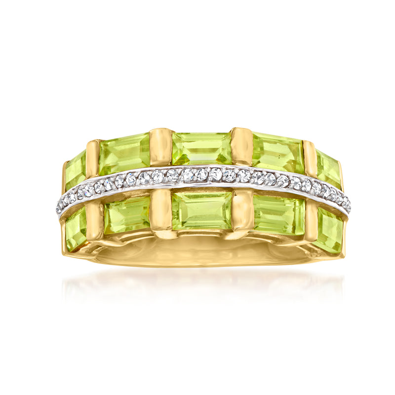 Peridot and white zircon ring in gold over sterling, with green stones and pavé band