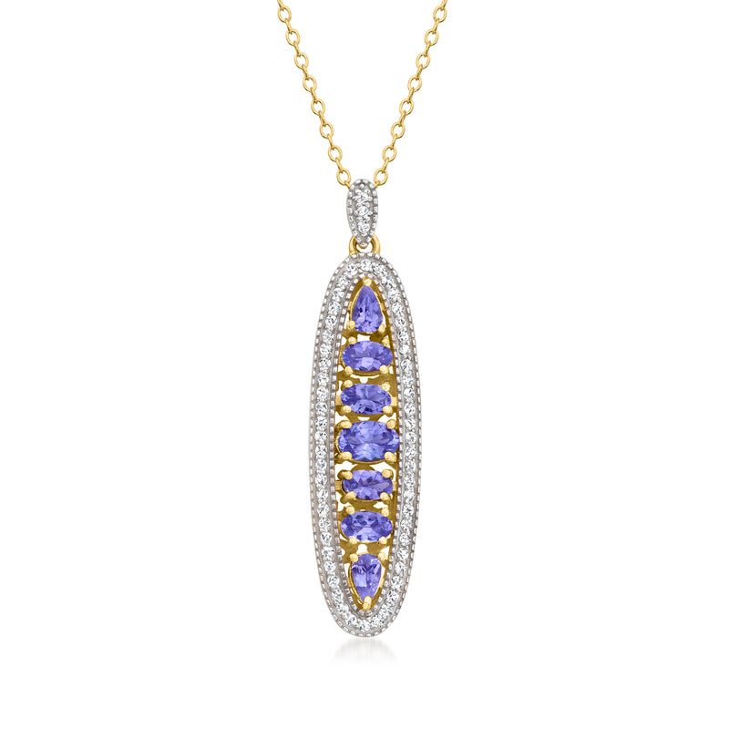 Gold over sterling pendant necklace with oval halo tanzanite and white zircon border