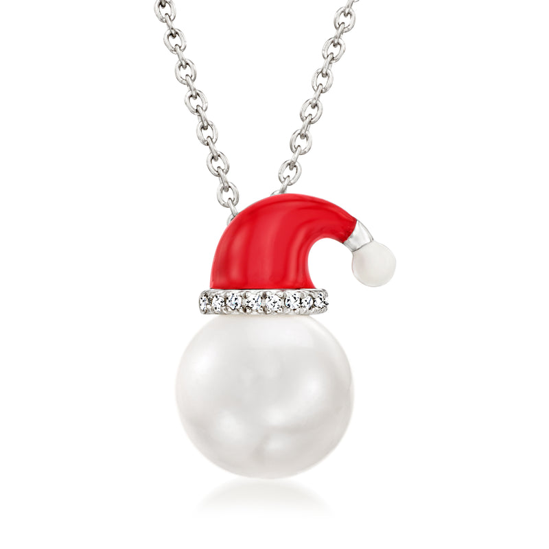 Sterling silver Santa hat pendant necklace with red enamel and white cultured pearl