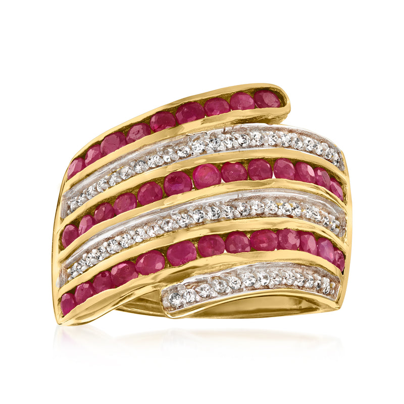 Multi-row gemstone ring with ruby-red stones and white zircons in gold over sterling