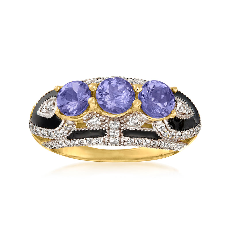 18kt gold over sterling tanzanite ring with three oval purple stones, black enamel sides