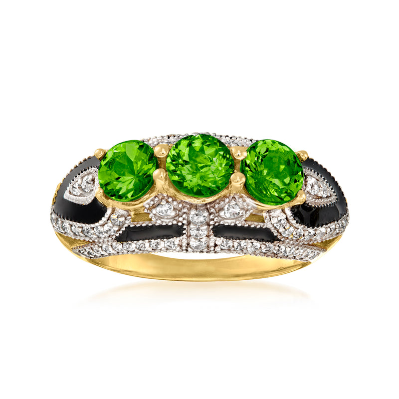 Gold-over-sterling ring with three green chrome diopside stones, white zircon, and black enamel