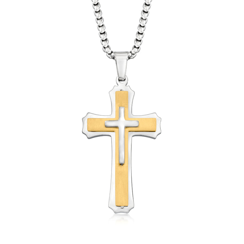 Stainless steel cross pendant necklace with gold-tone center, silver curb chain