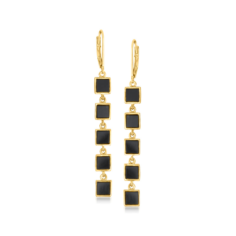 Gold leverback drop earrings with black square link stones, 18k gold over sterling