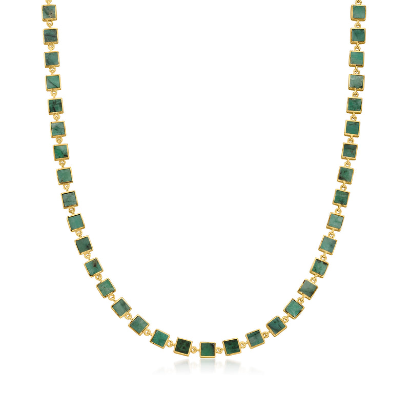 Gold square-link necklace with emerald-green gemstones, full chain view