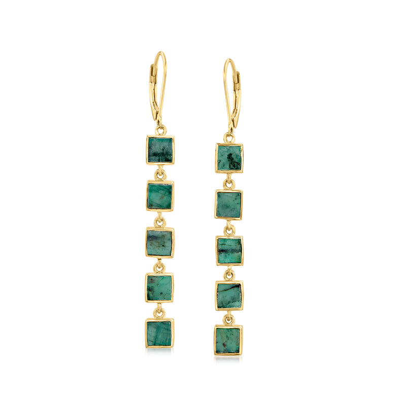 Gold-tone square-link drop earrings with leverback and green square stone drops
