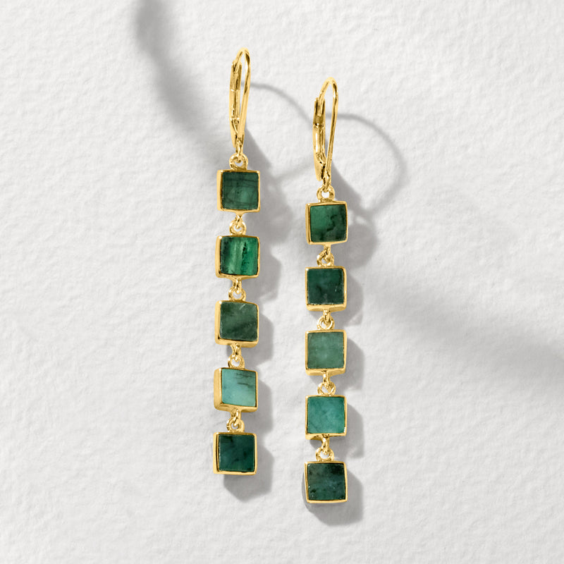 Square-link drop earrings with green square stones and gold leverback hooks