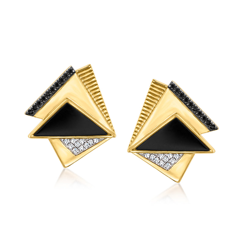 Triangle post earrings with black agate, black spinel, and diamond accents
