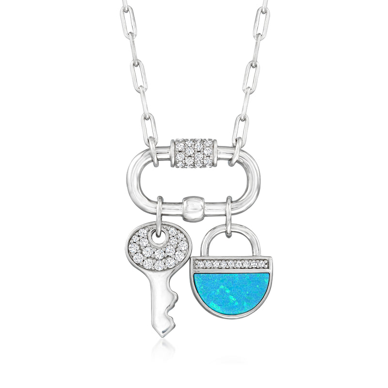 Sterling silver necklace with carabiner lock and key charm, blue opal CZ inlay