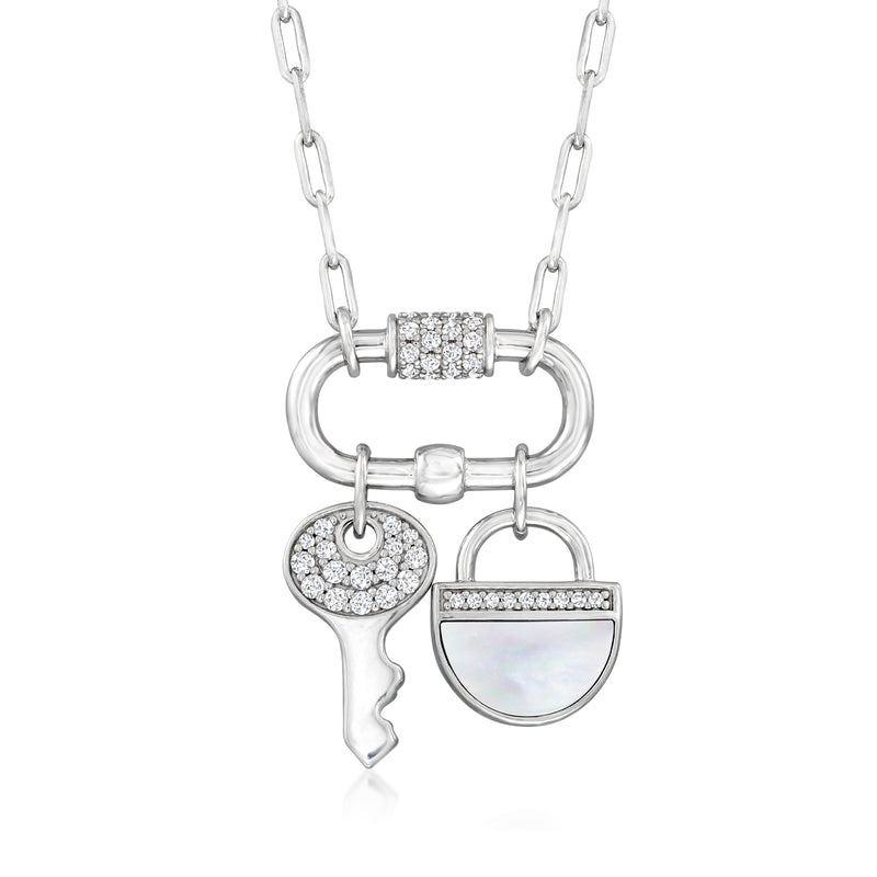 Sterling silver charm necklace with key and lock, mother-of-pearl inset