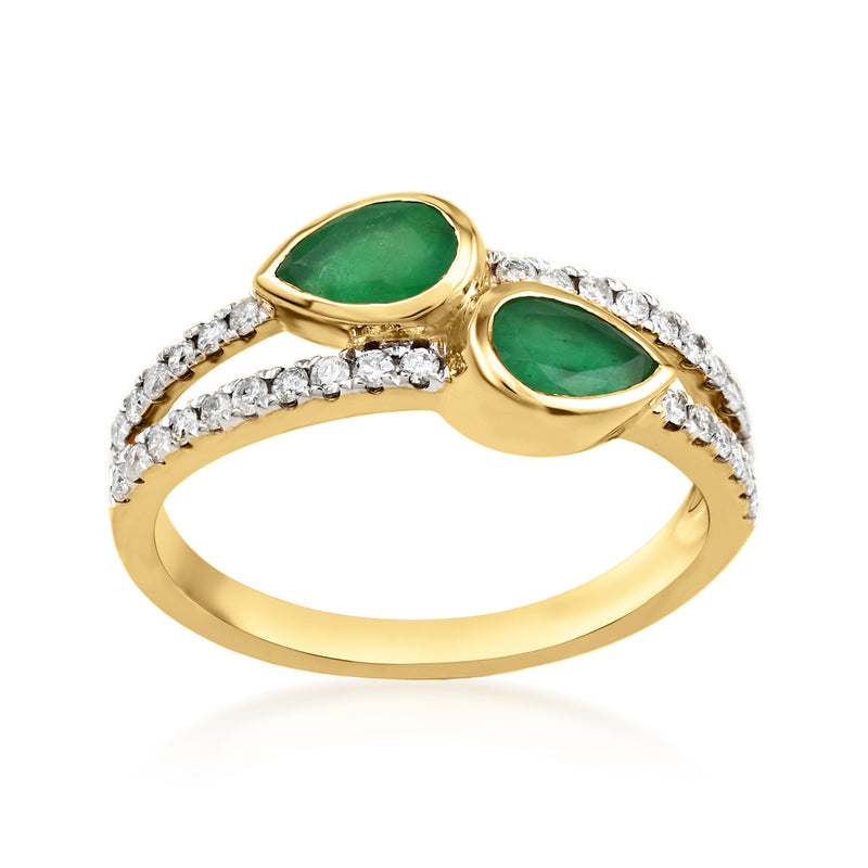 Emerald bypass ring in 14kt yellow gold with two pear stones and diamond accents